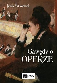 Zdjęcie okładki książki pt. "Gawędy o operze". Na pierwszym planie widoczna kobieta w czerni siedząca na balkonie w teatrze i patrząca przez małą lornetkę.