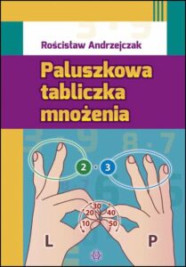 Zdjęcie okładki książki "Paluszkowa tabliczka mnożenia". Na pierwszym planie widać dwie dłonie złączone ze sobą trzema palcami. Powyżej na fioletowym pasku tytuł książki napisany żółtymi literami, powyżej na białym tle nazwisko autora.