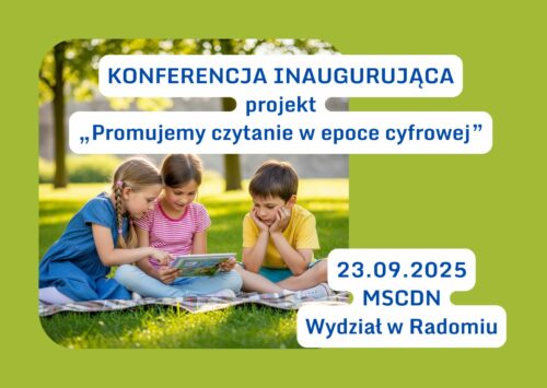 Na obrazku widoczne dzieci na trawie z książką w ręce. Obrazek jest zaproszeniem na konferencję o promocji czytania.