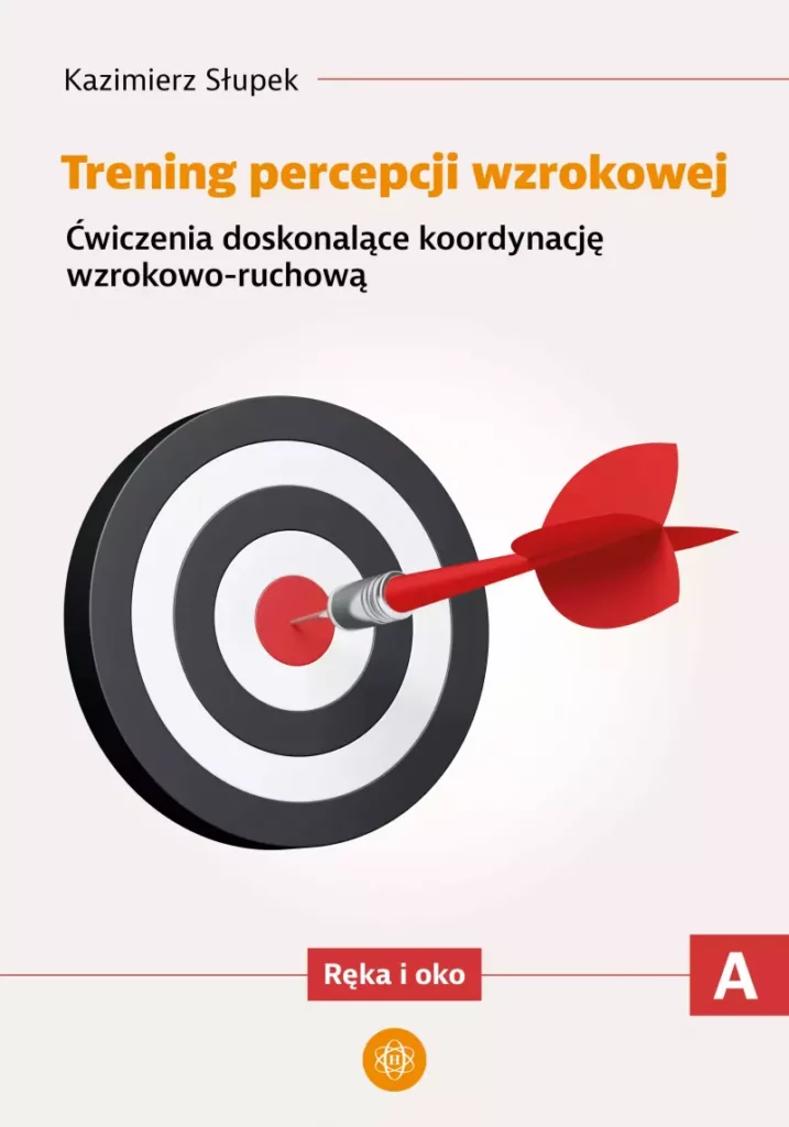 Zdjęcie okładki książki: "Trening percepcji wzrokowej". W centralnej części tarcza w biało czarne okręgi z wbita strzałką. U góry nazwisko autora i tytuł książki.
