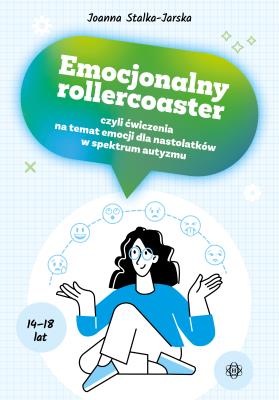 Zdjęcie okładki książki "Emocjonalny rollercoaster". Na pierwszym planie rysunek siedzącej kobiety. Powyżej w zielonej chmurce tytuł książki.