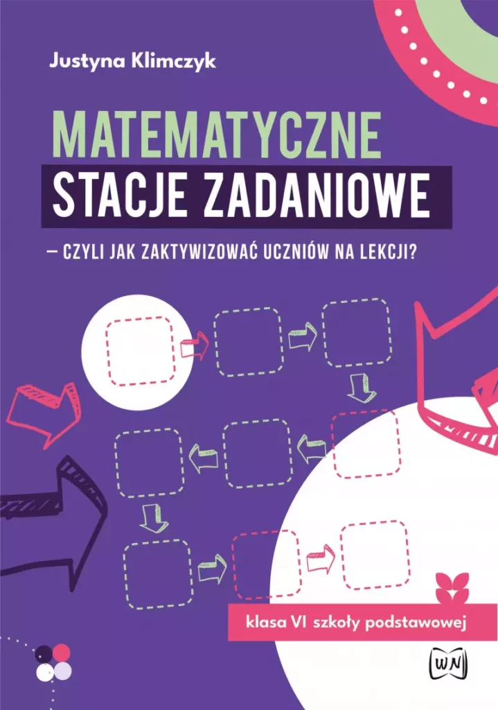 Zdjęcie okładki książki "Matematyczne stacje zadaniowe". Na fioletowym tle u góry tytuł książki, poniżej łańcuch zadań.