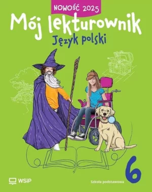 Zdjęcie okładki książki "Mój lekturownik język polski". Na zielonym tle w centralnej części sylwetki ludzi, dziewczyna na wózku, obok pies. Tytuł u góry.