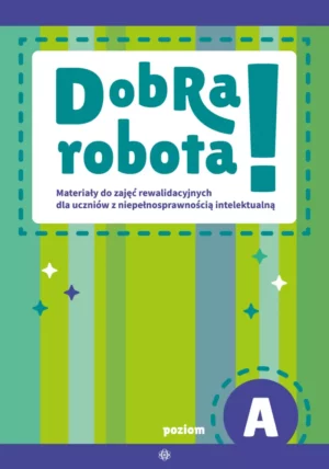 Zdjęcie okładki książki "Dobra robota" Na górze i na dole okładki fioletowy pasek, poniżej całe tło jest w pionowe paski w odcieniach zieleni. U góry w na białym prostokątnym tle tytuł książki