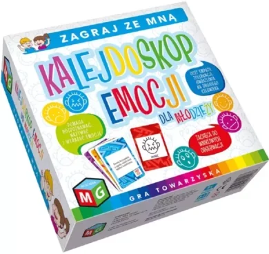 Zdjęcie okładki pudełka gry "Kalejdoskop emocji". Na pudełku dużymi kolorowymi literami nazwa gry, poniżej i po bokach w kolorowych dymkach informacje.
