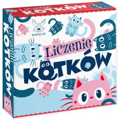 Zdjęcie pudełka gry pt. Liczenie kotków. W centralnej części tytuł gry, wokół niego rysunki sylwetek kotów.