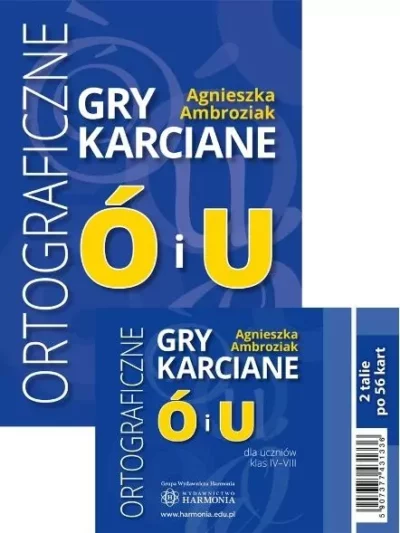 Zdjęcie pudełka gry pt. Ortograficzne gry karciane Ó i U. Na niebieskim tle dużymi literami napisy: tytuł, nazwisko autora.