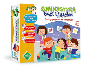 Zdjęcie okładki pudełka gry "Gimnastyka buzi i języka". Na pierwszym planie widoczne dzieci, powyżej tytuł gry. Po lewej stronie napisy dotyczące gry.