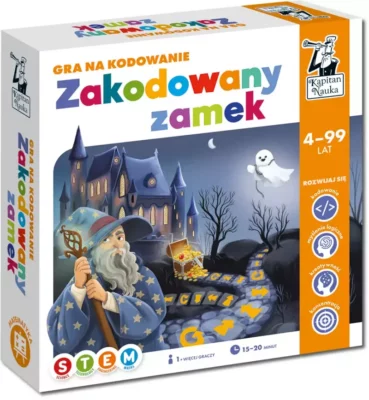 Zdjęcie okładki pudełka gry "Zakodowany zamek". Na pierwszym planie czarodziej z laską w głębi widoczny oświetlony zamek, drzewa, duch. U góry nazwa gry.