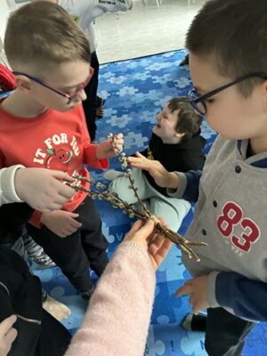 Na zdjęciu chłopcy dotykają i oglądają gałązki z baziami.