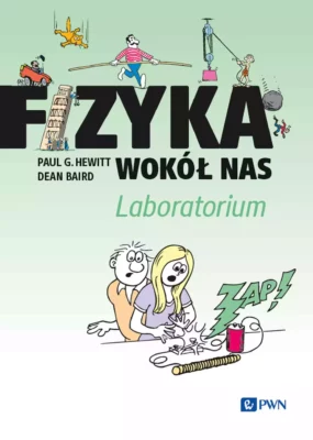 Zdjęcie okładki książki Fizyka wokół nas. U góry dużymi literami tytuł, nad nim postaci ludzi wykonujący doświadczenia fizyczne, poniżej para testuje zamknięty obwód z baterią.